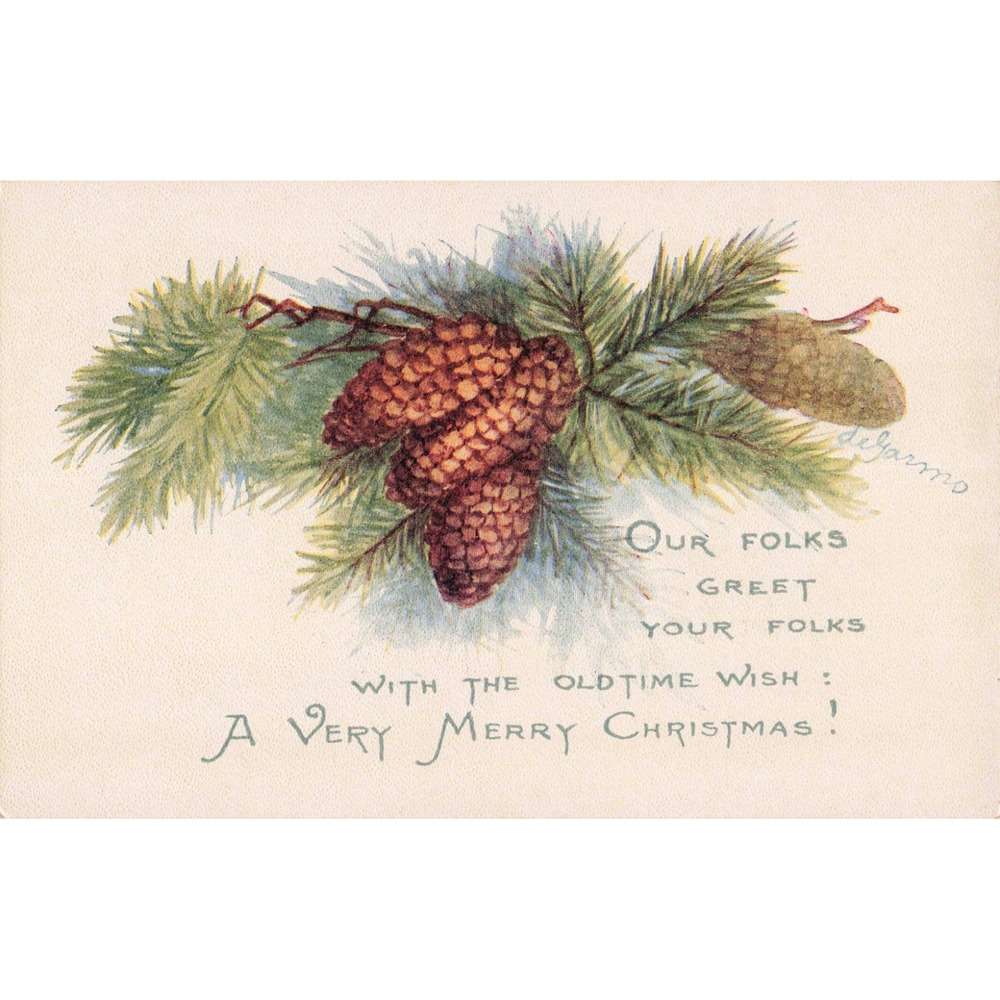 Vintage Christmas Postcard Pine Cones DeGarmo Artist Signed W.W. Publisher VG- - Picture 1 of 2